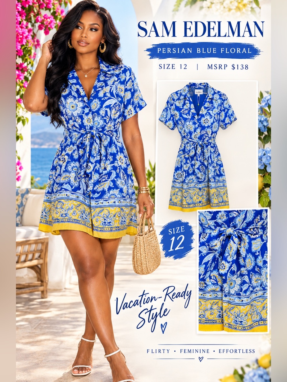 Sam Edelman Persian Blue Floral Tie-Waist Mini Dress - Blue & Yellowy size 12